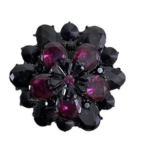 LOFT by Ann Taylor Black & Plum Rhinestone Flower Brooch 2.5" Statement Pin